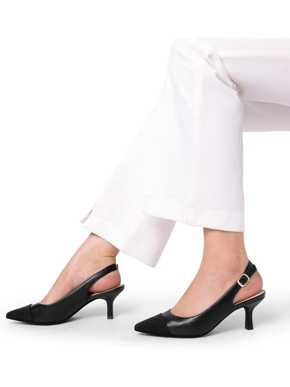 Dream Pairs Women's All Black Pointed Toe Faux Leather Kitten Slingback Heels